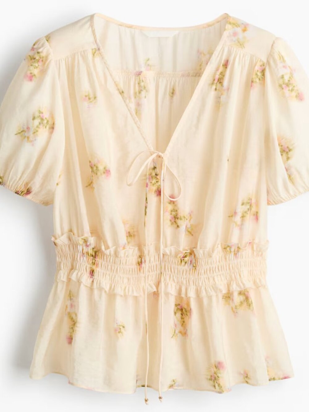 H&M Puff-Sleeved Peplum Blouse, Light Beige/Floral